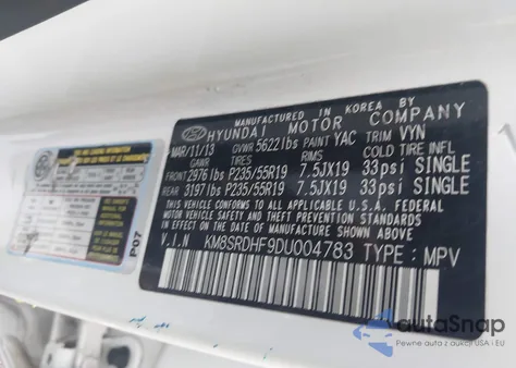 2013 Hyundai Santa Fe Limited from USA, damaged, VIN KM8SRDHF9DU004783